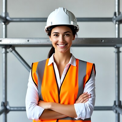 Smiling woman in hard hat and vest