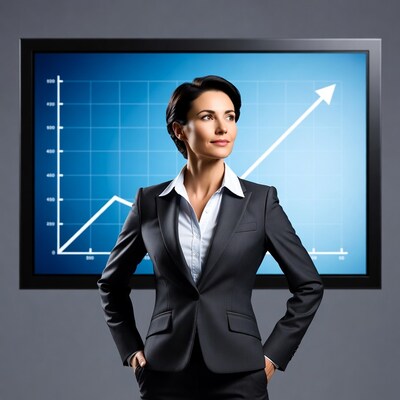 Businesswoman standing confidently before rising graph