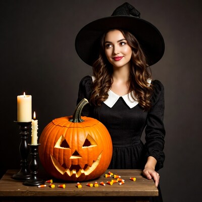Witch woman with jack-o-lantern