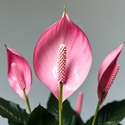 Pink Anthurium Flowers on Gray Background
