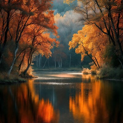 Autumn Trees Reflecting in Calm Lake