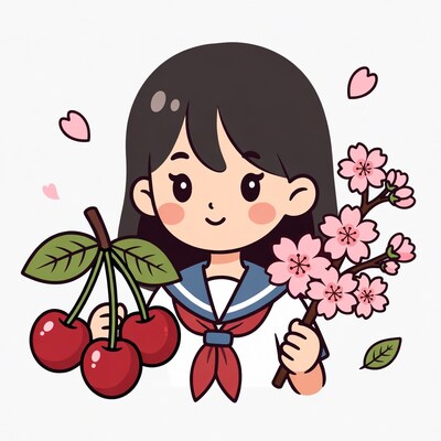 Anime girl holding cherries and cherry blossoms