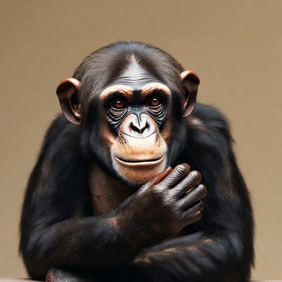 Chimpanzee smiling with hands crossed