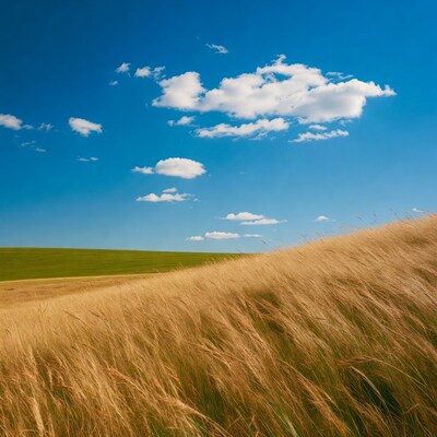 Golden wheat field under blue sky