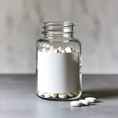 Clear pill bottle with white label