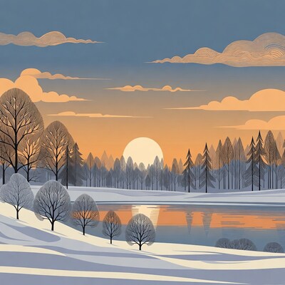 Winter Sunset Over Snowy Lake