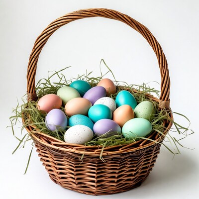 Colorful Easter eggs in wicker basket