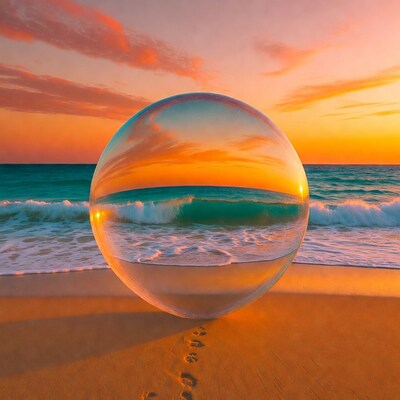 Large Clear Sphere on Beach at Sunset