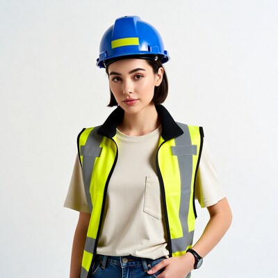Woman wearing hard hat and hi-vis vest