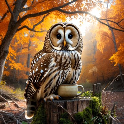 Barred Owl with Tea Cup on Stump