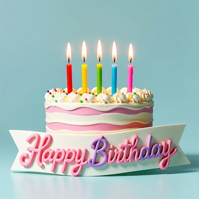 Birthday Cake with Candles and Banner