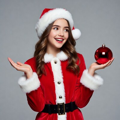 Girl in Santa suit holding red ornament