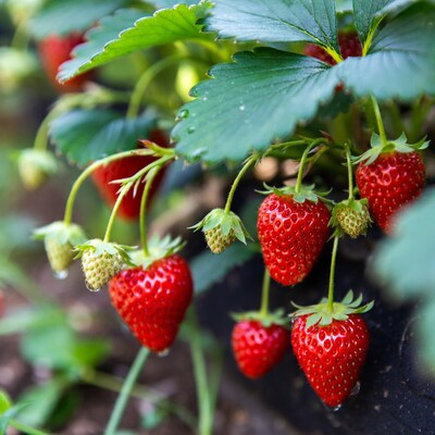 Ripe Strawberries on Green Leaves