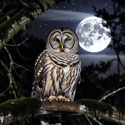 Barred Owl on Mossy Branch with Moon