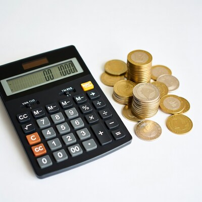 Calculator with gold coins stack