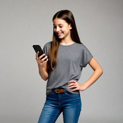 Girl smiling while using smartphone