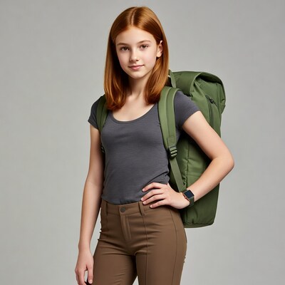 Redhead girl with green backpack