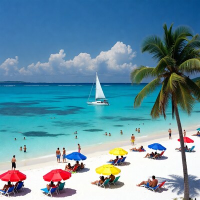Tropical beach with umbrellas and sailboat