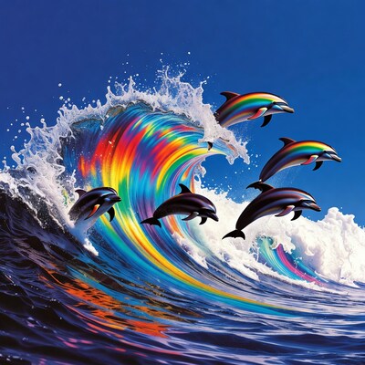 Rainbow dolphins jumping through wave