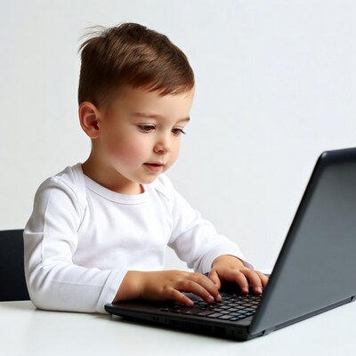Toddler boy typing on laptop