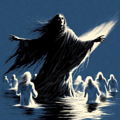 Witch raising arms amid ghostly women in water