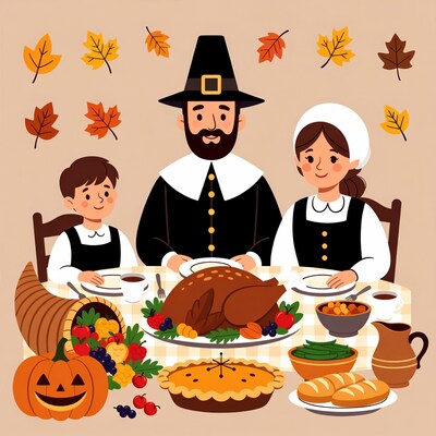 Pilgrim Family Thanksgiving Dinner Illustration