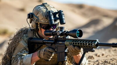 Soldier aiming sniper rifle in desert