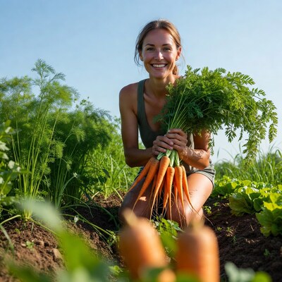 Woman holding fresh carrots in garden