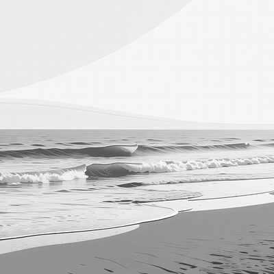 Grayscale beach waves crashing shore