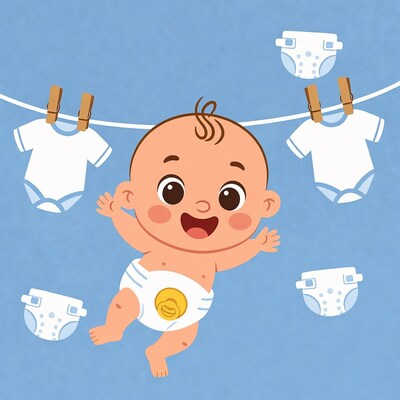 Happy baby in diaper with laundry