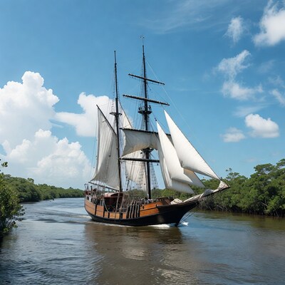 Pirate ship sailing mangrove river