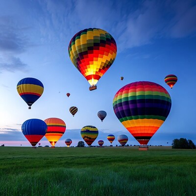 Colorful hot air balloons over green field