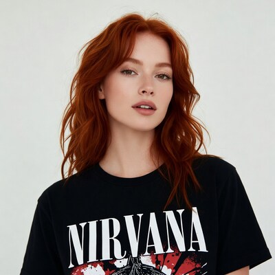 Redhead woman in Nirvana t-shirt