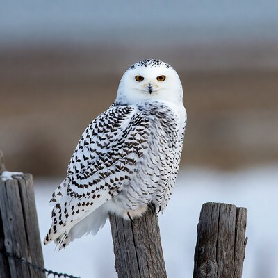 Snowy Owl Perched on Wooden Post