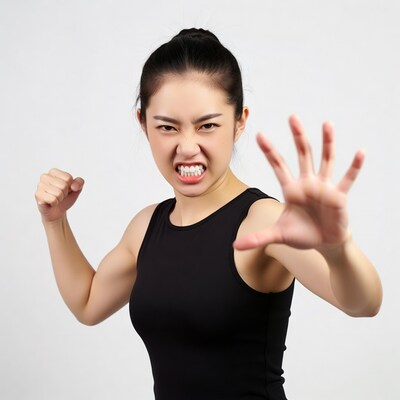Angry Asian woman yelling with fists
