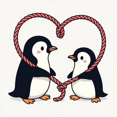 Two Penguins Holding Rope Heart