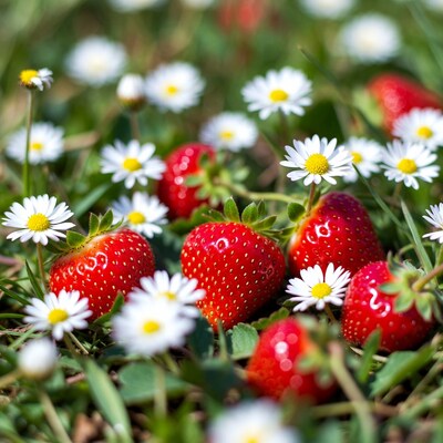 Strawberries and Daisies in Grass