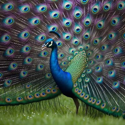Peacock displaying feathers on grass