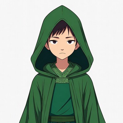 Anime boy in green hooded robe