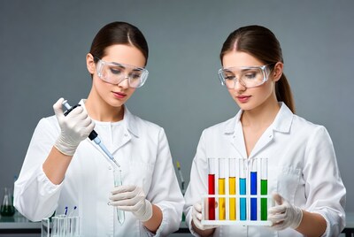 Two women scientists with lab equipment