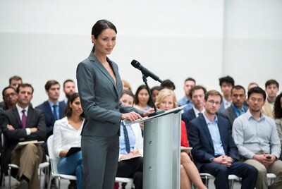 Woman speaking at podium with audience