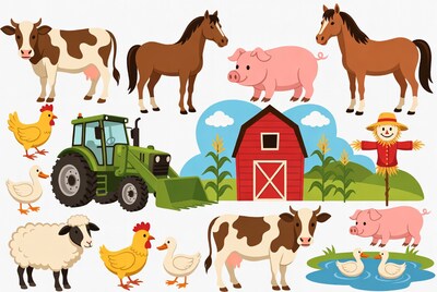 Cartoon farm animals and tractor