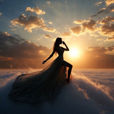 Woman in gown on clouds at sunset
