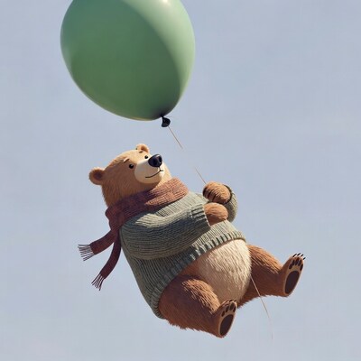 Bear flying with green balloon