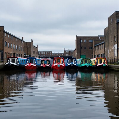 Colorful narrowboats moored in urban canal