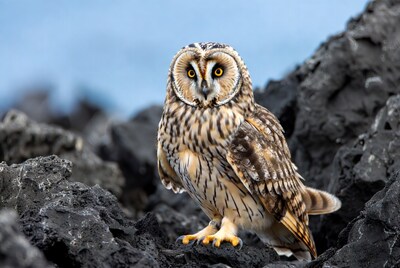 Short-eared owl on volcanic rocks