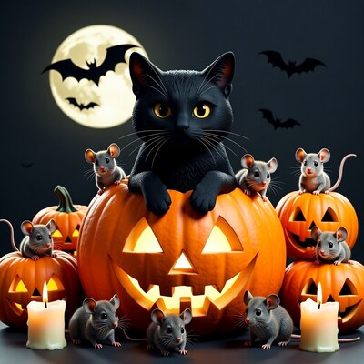 Black cat with mice on Halloween pumpkins