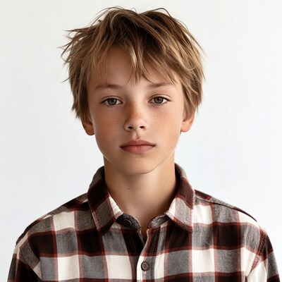 Boy with messy blonde hair plaid shirt