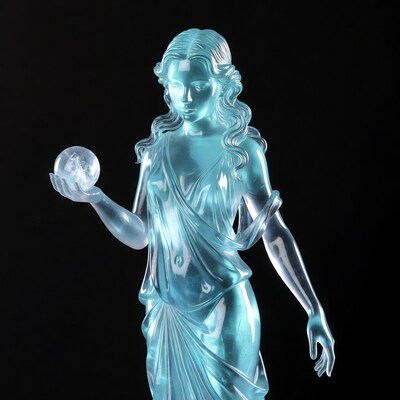 Blue translucent woman holding crystal orb