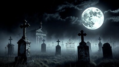 Moonlit Cemetery with Graves and Crosses